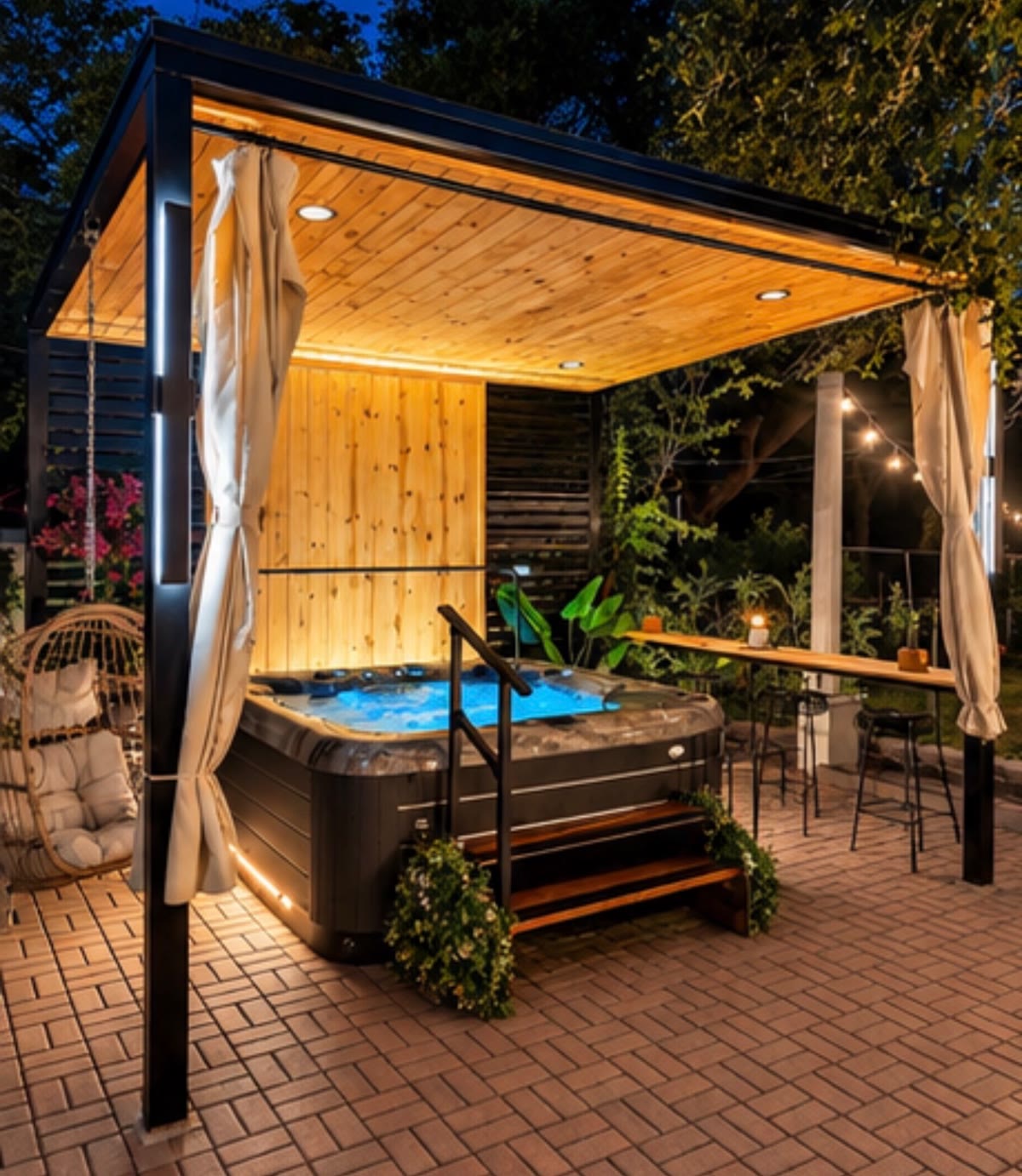 Covered backyard patio with a lit hot tub and outdoor bar at night