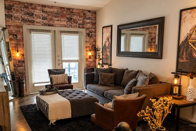 Clean apartment living room with a brick accent wall, gray sofa, and tufted ottoman