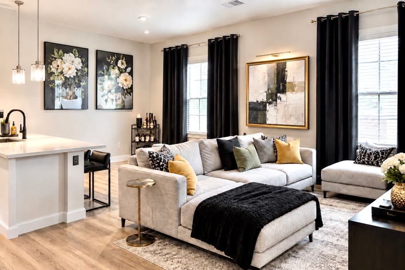 Bright living room with a light sectional sofa and black curtains